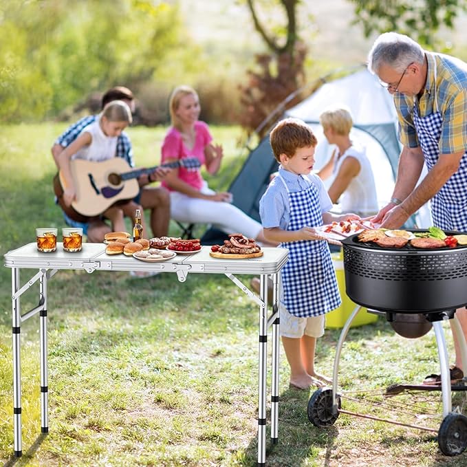 Folding Camping Table with Storage Net, 3ft Camping Table Aluminum Folding Table with 3 Adjustable Height Max 27.1 Inch, Portable, for Outdoor Backyard BBQ, Silver