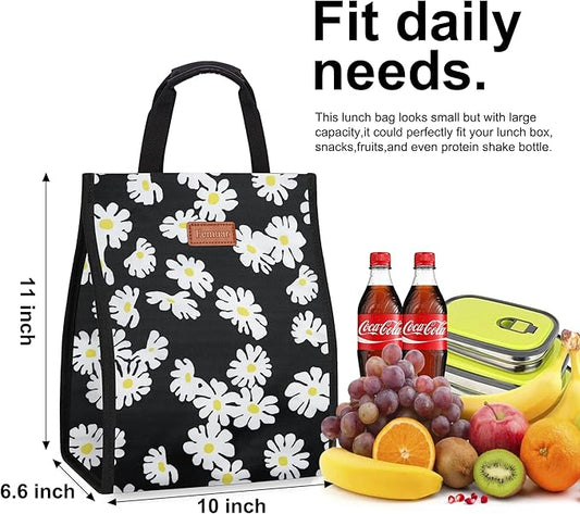 Lunch Bags for Women Insulated Reusable Lunch Tote with Internal Pocket, Lunch Tote bag for Work（Daisy）