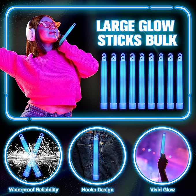 Sotiff 96 Pcs 6 Inch Large Bright Glow Sticks Light Sticks Halloween Favors Emergency Chem Sticks Cheer Stick for Party Activities Birthday Wedding Concerts Halloween Decor