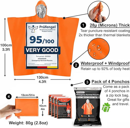 aZengear Emergency Survival Poncho (4pc) Thermal Mylar Foil Coating Blanket for Heat Retention and Rain | Reversible with Hood | Waterproof, Windproof, Portable, Hands-Free, Outdoor Kit