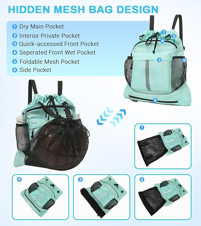 Drawstring Backpack, Waterproof Sandproof Beach Backpack for Sport Gear Small Gym Bag with Hidden Ball Net Pocket and Seperated Wet Pocket Draw String Back Bag for Women Men, Green