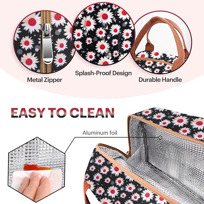 Lunch Bag for Women & Men Adult Insulated Lunch Box, Small Leakproof Cooler Food Lunch Containers Reusable High Capacity Lunch Tote Bags for Work, Travel, Outdoor (Red Flower)