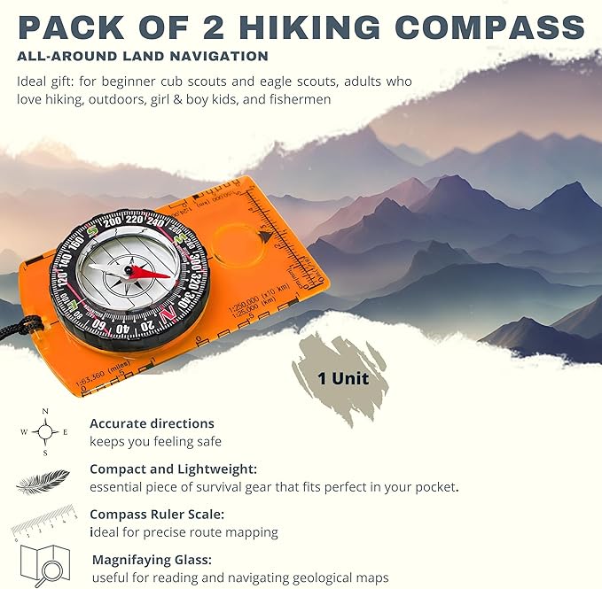 Pack of 2 Orienteering Compass Hiking-Compasses boy Scout Kids- Magnetic Gear Set Navigation map- Brujulas orientacion-Backpacking Camping Hunting Survival.