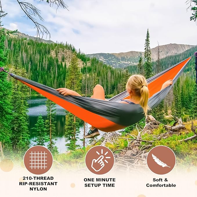 SZHLUX Camping Hammock Double & Single Portable Hammocks with 2 Tree Straps, Great for Hiking,Backpacking,Hunting,Outdoor,Beach,Camping,Orange / Grey