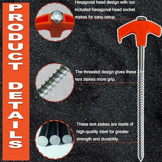 8 Pack 8"" Screw in Tent Stakes, New Screw in Tent Stakes Heavy Duty,Ground Anchors Screw in, Metal Threaded Tent Spikes, Outdoor Camping Tent Pegs Camping Stakes (8PCS)