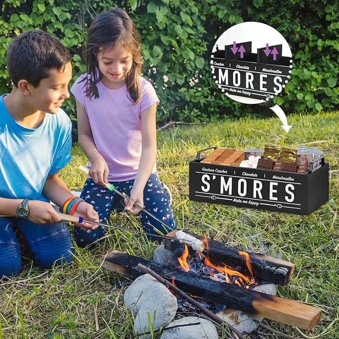 S'Mores Station, Farmhouse Smores Caddy with Handles, Smores Kit for Fire Pit Smores Maker Box, Smores Bar Station with 5Pcs Extendable Marshmallow Roasting Sticks, Camping Essentials Gear Accessories
