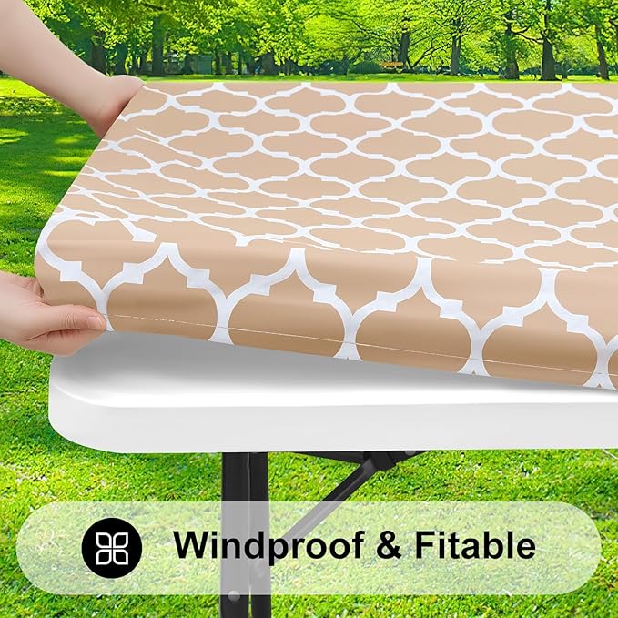Smiry Rectangle Picnic Table Cover, Waterproof Elastic Fitted Camping Tablecloths for 4 Foot Tables, Wipeable Flannel Backed Vinyl Tablecloth Protector for Indoor, Outdoor (Khaki, 24x48 Inches)