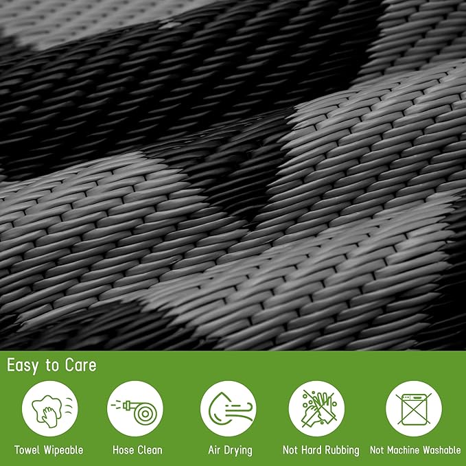 Easy-Going Reversible Outdoor Rugs 9x12ft Waterproof Plastic Straw Rug Stain & UV Resistant Floor Mat for Patio Porch RV Backyard Pool Deck Picnic Beach Trailer Camping (Waved Black & Grey)