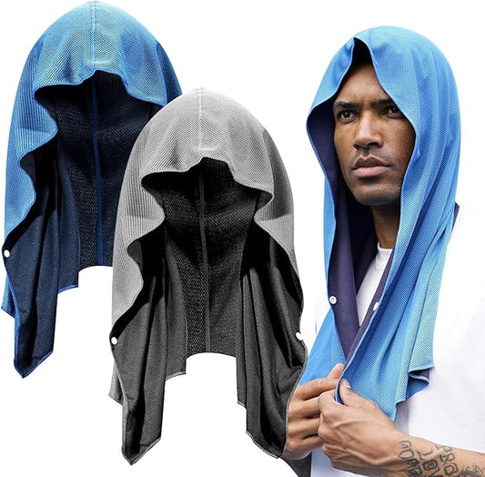 Cooling Hoodie Towel, Absorbent and Quick Drying Cooling Towels for Neck and Face, Sun Protection Cold Towels, Cooling Neck Wraps for Hot Weather for Sport Workout (2 Pack)