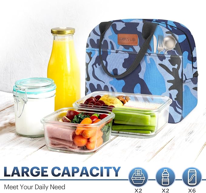 Lunch Bag for Women & Men Adult Insulated Lunch Box, Small Leakproof Cooler Food Lunch Containers Reusable High Capacity Lunch Tote Bags for Work, Travel, Outdoor (Blue Camo)