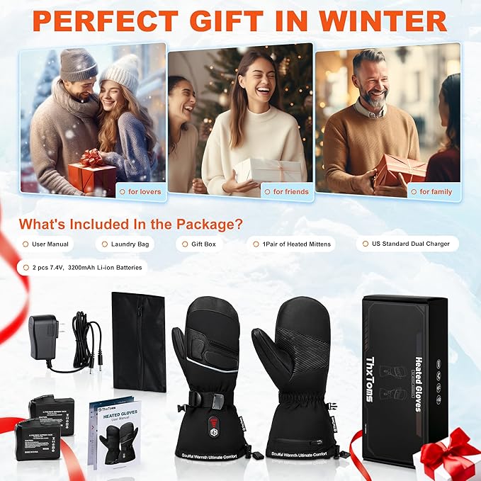 ThxToms Heated Mittens Gloves for Men Women, Rechargeable Heated Gloves with Touchscreen, 7.4V 3200mah Waterproof Winter Ski Gloves for Skiing Snowboarding Fishing,Camping, Hiking,L