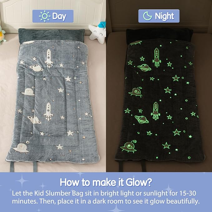 Sleeping Bag for Kids Toddler Nap Mat 63" x 30" Toddler Slumber Bag Glow in The Dark Blanket Fluffy with Padded Mat for Boys, Girls,Grey Space/Pink Unicorn/Rainbow Unicorn