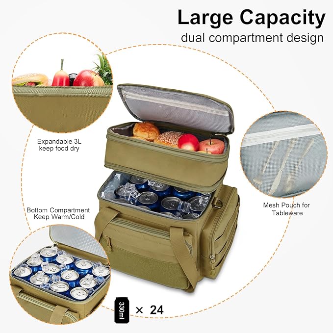 Tactical Lunch Box for Men, Brown, Nylon, Large Capacity, Multi-Pocket, Insulated, Water-Resistant, Leakproof, Tactical Design