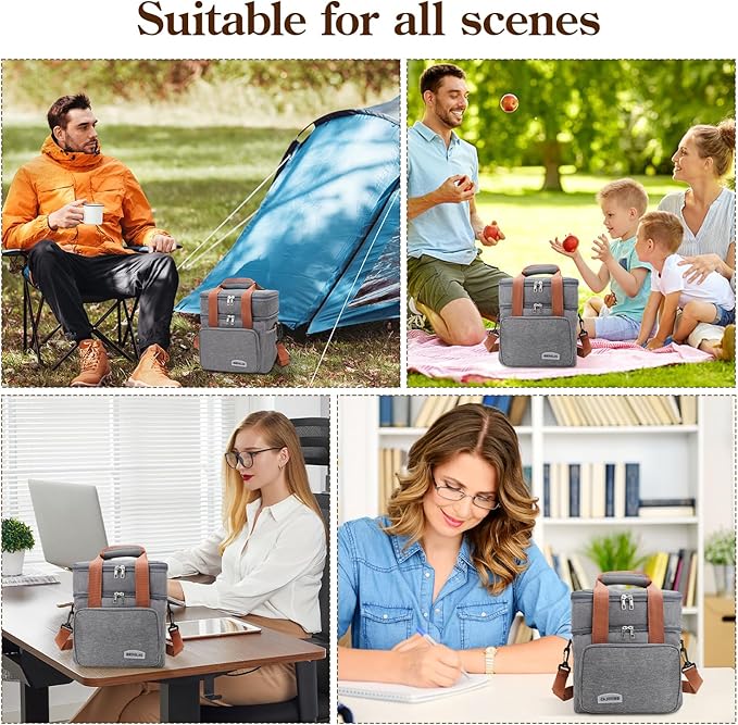 Double Insulated Lunch Bag for Women/Men, Thermal Lunchbox Leakproof Waterproof Cooler Bag with Adjustable Shoulder Strap for Adults, Lunch Bag for Work Office Camping Travel (12L, Gray)