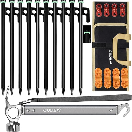 Tent Stakes and Hammer Set,10pcs 10 in Heavy Duty Metal Tent Stakes + 12in Camping Hammer + Reflective Camping Rope + Storage Bag,Camping Accessories for Ground,Camp and Graden(Black)