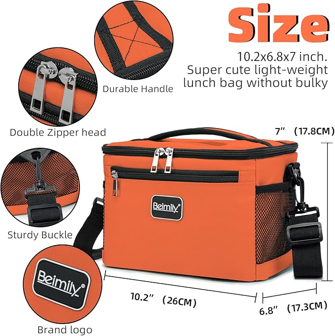 BEIMILY Lunch Box for Men/Women,Small Insulated Lunch Bag,Reusable LunchBox for work Picnic Beach,Leakproof Soft Cooler Tote Bag Organizer with Adjustable Shoulder Strap for Adults(Orange)