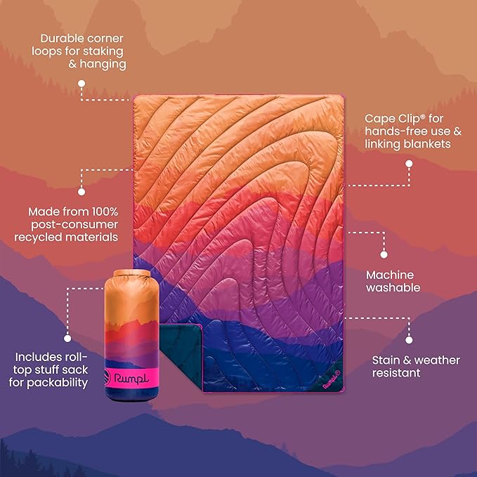 Rumpl Original Puffy Blanket - Warm Puffy Camping Blanket, 100% Recycled Polyester Insulation, Lightweight, Packable, Water-Resistant, Outdoor Puffer Blanket, 52"x75", V2, Sierra Sunset Fade