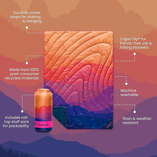 Rumpl Original Puffy Blanket - Warm Puffy Camping Blanket, 100% Recycled Polyester Insulation, Lightweight, Packable, Water-Resistant, Outdoor Puffer Blanket, 52"x75", V2, Sierra Sunset Fade