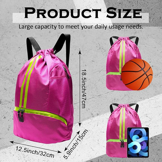 Sports Drawstring Backpack, Gym Bag for Men Women with Shoe Compartment, Waterproof Pocket, Drawstring Swim Bag (Rose Red)