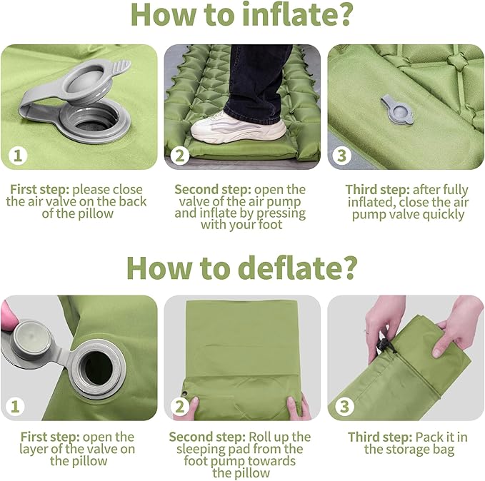 Single Sleeping Pad for Camping, Ultralight Inflatable Sleeping Mat with Pillow and Built-in Foot Pump, Portable Camping Mattress for Tent, Backpacking, Hiking, Traveling（Green）