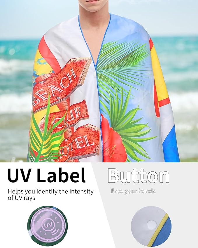 Microfiber Beach Towels for Adults - Large Travel Towel Fast Drying Lightweight 62x32 Inch, Sand Free Towel with Pouch, Buttons, Elastic Band for Fitness, Yoga, Sauna, Camping, Swim (Boat)