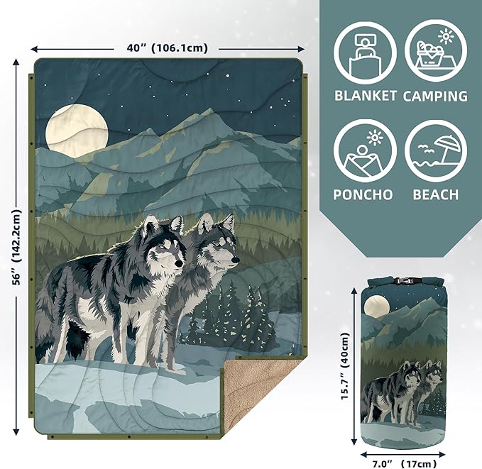 Outdoor Camping Blanket with Sherpa Lining, Extra Warm Thick Camp Blankets & Puffy Ultralight Soft Poncho DWR Camping Quilt for Cold Weather, Adventure,Sleeping,Backpacking 56"x 40"
