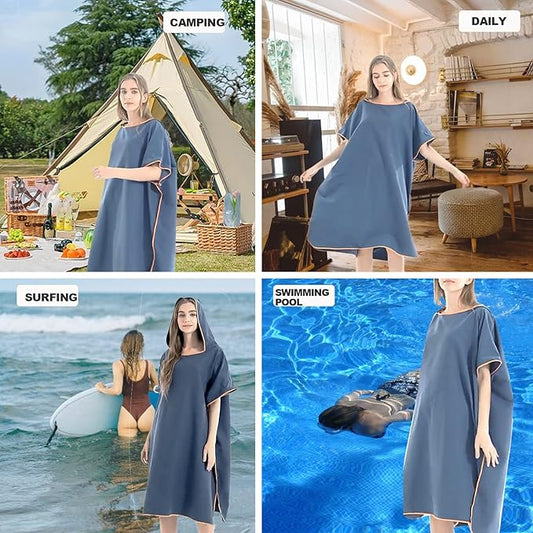 Quick Dry Surf Poncho Changing Towel Robe Hoodie for Adults Men Women,Microfiber Beach Wetsuit Tops Surfing Swimming Bathing Parka -One Size Fits All Dark Blue
