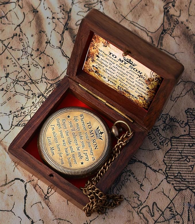 to My Son Compass with Wooden Box-Mom to Son Compass–Father to Son Gifts- to My Grandson -Graduation Day Gifts for Son-Birthday, Baptism, Graduation, Confirmation, Communion Compass for Women Men