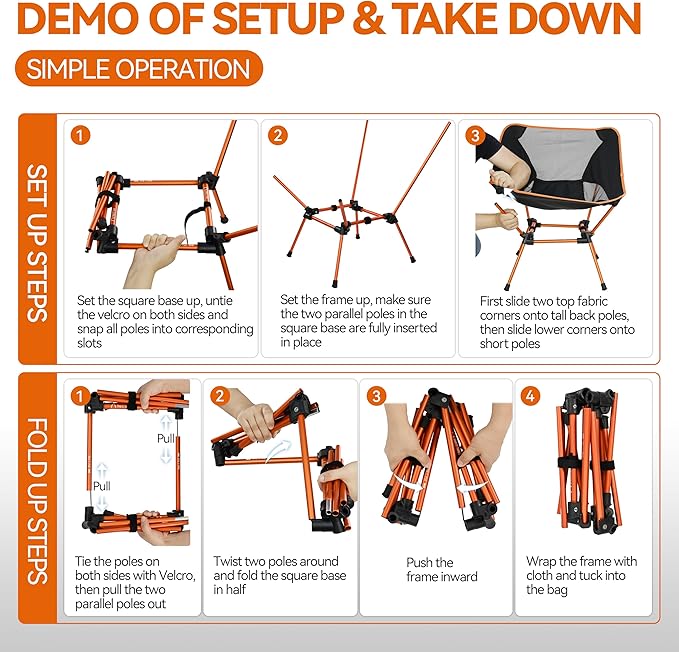 MARCHWAY Ultralight Folding Camping Chair, Heavy Duty Portable Compact for Outdoor Camp, Travel, Beach, Picnic, Festival, Hiking, Lightweight Backpacking (Orange)