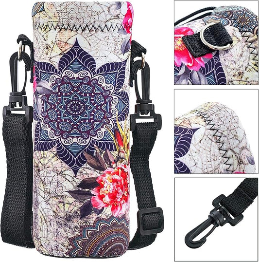 Water Bottle Sling Case Bag Carrier Holder - 500ML 750ML 1000ML Neoprene Water Bottle Sleeve Cooler Cover Pouch with Adjustable Shoulder Strap for Men Women Travel Camping Walking Hiking Running
