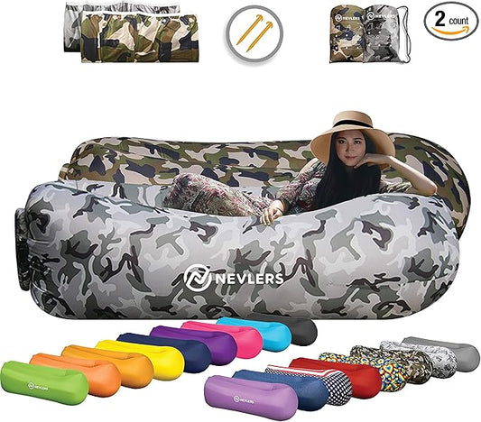 Nevlers 2 Pack Inflatable Loungers Air Sofa Couch | Perfect for Beach Chair Camping Chairs or Portable Hammock |Travel Bag Pouch, Pegs & 3 Pockets| Movie Seating & Camping Accessories Blow Up Lounger