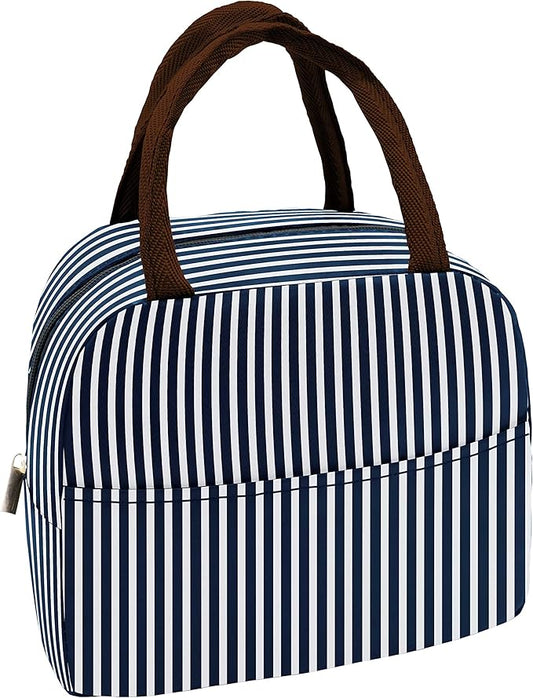 Sonuimy Insulated Lunch Bag Women, Reusable Cute Tote Lunch Box for Men & Adult, Leakproof Cooler Lunch Bags for Work Office Travel Picnic (Navy White Strip)
