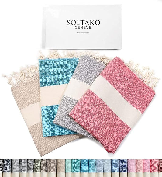 SOLTAKO XXL 4X Turkish Beach Towels - Quick Dry - Sand Free - Oversized Fouta Peshtemal - Cotton - Hand Woven Bath Towel - Light Blanket Camping Sauna Yoga - Gift Set of 4 Colors 78"x40"