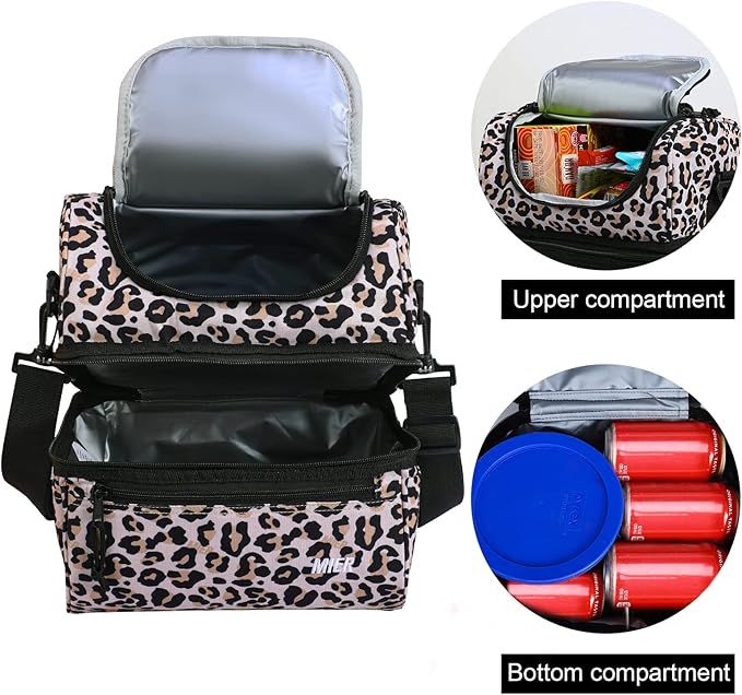 MIER Adult Lunch Box Insulated Lunch Bag Large Cooler Tote Bag for Women, Double Deck Cooler, Leopard (Large)
