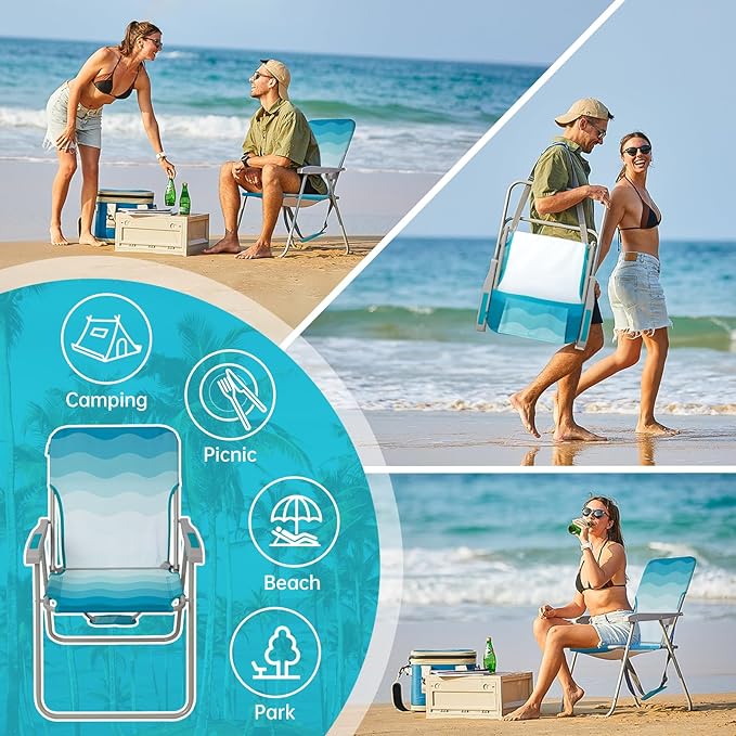#WEJOY Folding Beach Chair for Adults, Lightweight Beach Chair with Shoulder Straps, High Back Beach Chairs with Hard Armrest, Supports 300lbs for Beach Lawn Concert