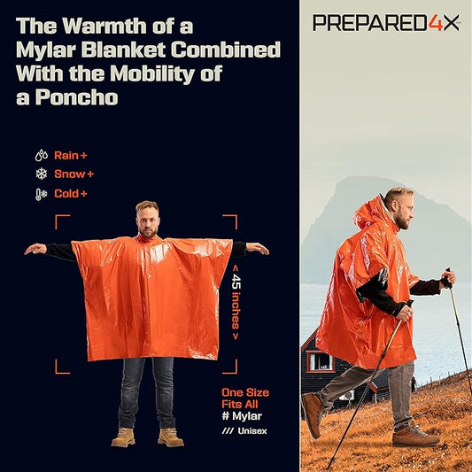 PREPARED4X Emergency Rain Poncho with Mylar Blanket Liner - Survival Blankets for Car - Heavy Duty, Waterproof Camping Gear