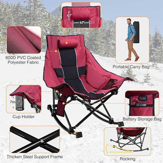 Slendor Oversized Rocking Camping Chair, XL Heated Camping Chair w/ 3 Levels Heat for Back+Seat, Padded Rocking Lawn Chair with 20000 mAh Power Bank, Pillow, Side Pocket, Carry Bag, Wine Red