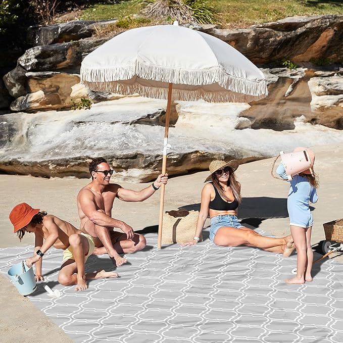 Waterproof Sandproof Beach Blanket, 110" X 118" Extra Large Beach Mat for 8 Adults, Foldable Lightweight Polyester Outdoor Picnic Blanket with 4 Stakes & 4 Corner Pockets for Travel, Camping, Hiking