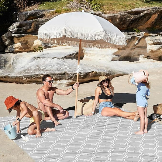 Waterproof Sandproof Beach Blanket, 110" X 118" Extra Large Beach Mat for 8 Adults, Foldable Lightweight Polyester Outdoor Picnic Blanket with 4 Stakes & 4 Corner Pockets for Travel, Camping, Hiking