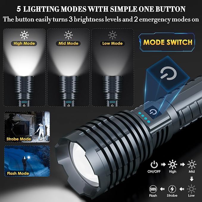 Super Bright Rechargeable Flashlights 2400000 High Lumen, Powerful LED Flashlight, IPX7 Waterproof Floodlight & Spotlight Flashlight 2-in-1 W/5 Modes for Camping, Emergency, Search & Rescue