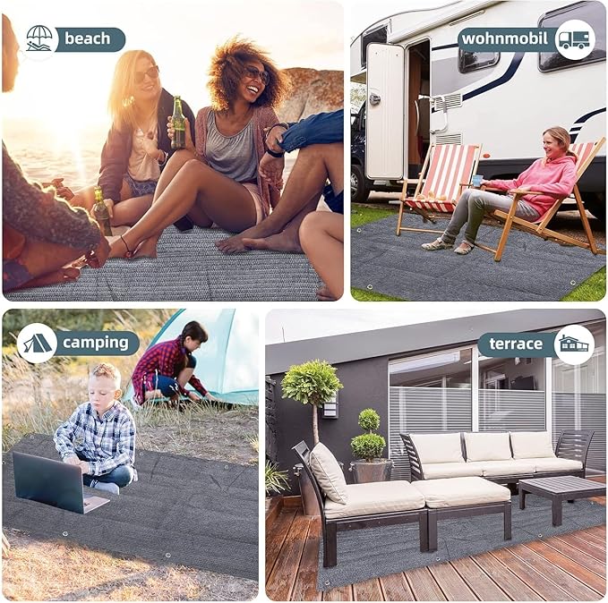 FoundGo Awning Carpet HDPE Camping Outdoor Rug with Eyelets,Nails,Broom,for RV,Patio,Backyard,Picnic,Beach,Trailer 9'*6' (2.74 * 1.83m) -Blue Grey