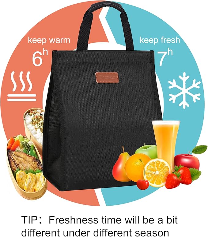 Lunch Bags for Women Insulated Reusable Lunch Tote with Internal Pocket, Adult Lunch Tote bag for Work (Black
