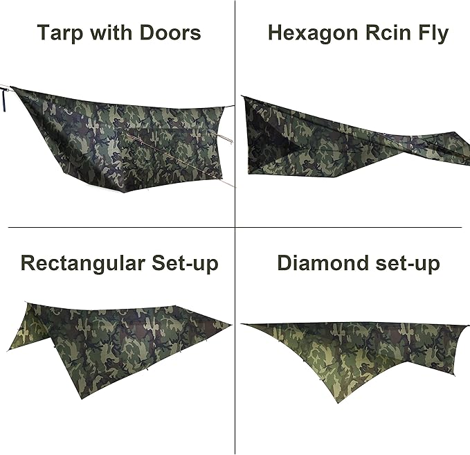Onewind 12ft Camo Camping Tarp, Billow Tarp Shelter Lightweight and Waterproof Hammock Rainfly for Stealth Camping, Army, Military and Bushcraft, Easy to Setup with Tent Pegs and Guyline, Camouflage