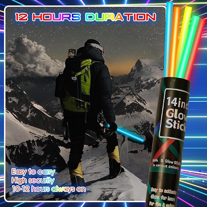 Lewtemi 5 Pcs Large Glow Sticks, 14 Inch Jumbo Light up Sticks Holiday Colorful Sticks Emergency Glow in The Dark Party Supplies for Camping, Halloween, New Year