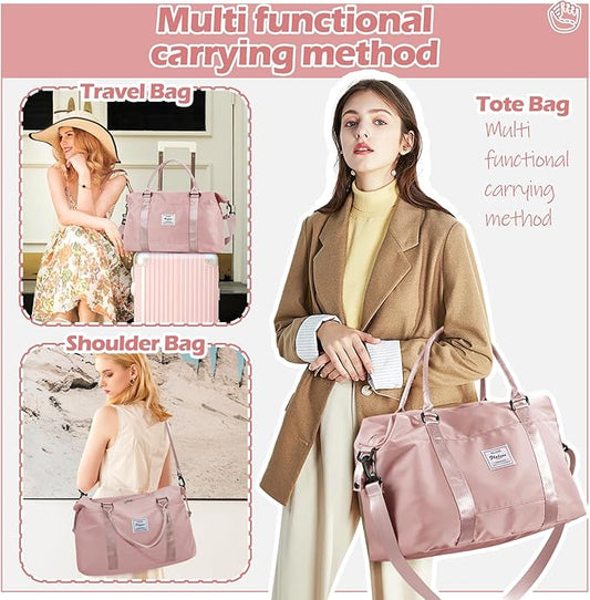 Pink Gym Bag with Wet Pocket, Foldable Travel Duffle Bag Carry On Weekender Bags for Women, Waterproof Overnight Bag for Travel, Gym, Yoga