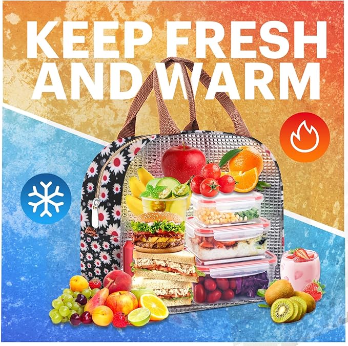 Lunch Bag for Women & Men Adult Insulated Lunch Box, Small Leakproof Cooler Food Lunch Containers Reusable High Capacity Lunch Tote Bags for Work, Travel, Outdoor (Red Flower)