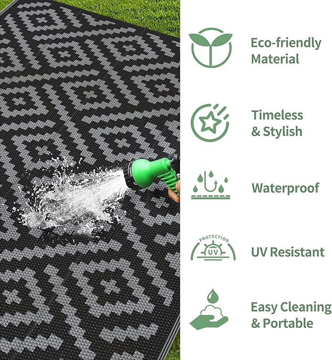 GENIMO Outdoor Rugs 8x10 Waterproof, Reversible Mats, Area Plastic Straw Rug, Outside Carpet, Geometric Rv Mat for Patio Camping Rv Picnic Backyard Deck Balcony Porch Beach Trailer (Black & Grey)
