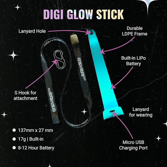 UltraPoi Digi LED Glow Stick - Rechargeable Rainbow Light Stick with S Hook Clip & Lanyard - Customizable & Wearable LED Concert Light Stick for Poi, Rave, Camping, Backpacks, Parties & More