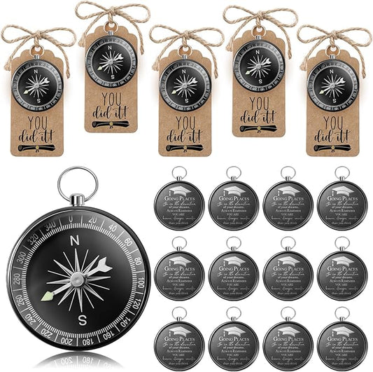 Coume 2025 Inspirational Graduation Gifts Engraved Compass for Middle Senior College Graduate Student Compass with You Did It Diploma Sign Tag Gift for Travel Grad Souvenir Favor(Black,24 Set)