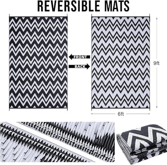 OLANLY Waterproof Outdoor Rug 6x9 ft Clearance, Reversible Outdoor Plastic Straw Rug, RV Mat, Indoor Outdoor Carpet for Patio, Camping, Balcony, Deck, Backyard, Black & White